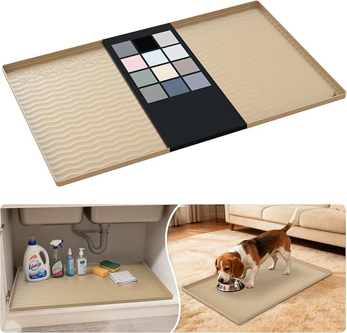 URMONA Waterproof Silicone Under Sink Mat 31'' x 19'' Shelf Liner for Kitchen and Bathroom, Cabinet and Counter Protector, Storage and Organizers, Litter Mat, Pet Cat Puppy Essentials(Khaki)