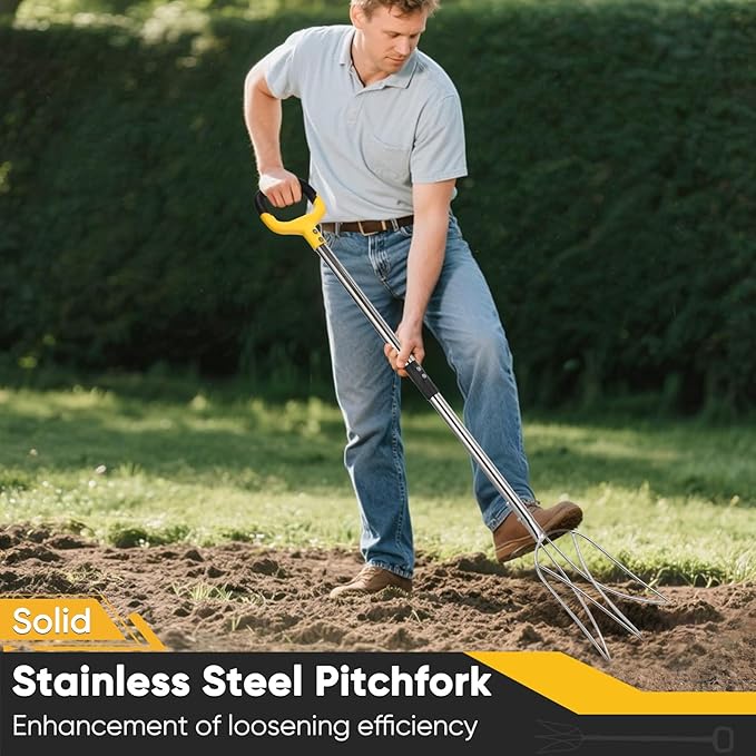 AugFir Pitchfork for Gardening, 48.5" Extendable Stainless Steel Garden Pitchfork with Handle, Suitable for Digging, Fertilizing, Transplanting, Multifunctional Garden Fork - 3 Tines