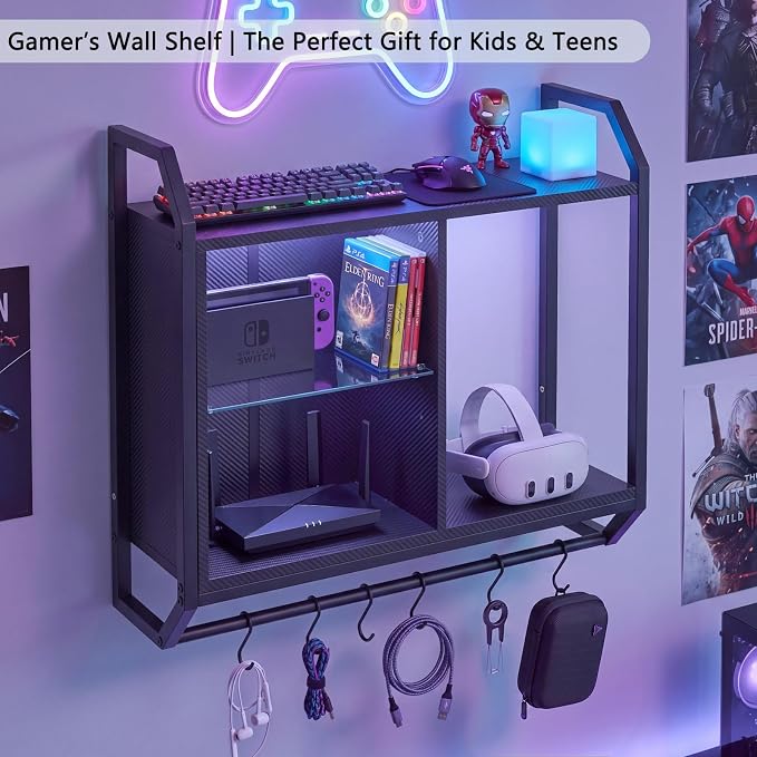 Gaming Floating Wall Shelves with LED Lights, Wall Mounted Shelf