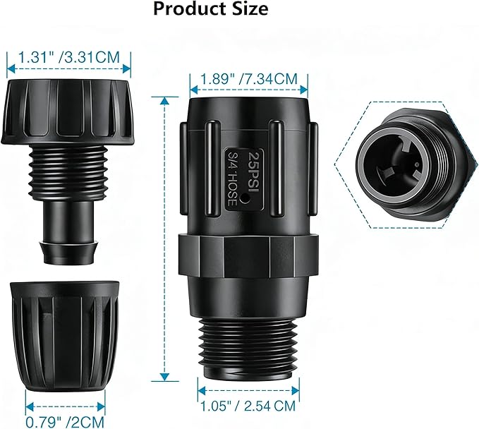 1 Pcs 25 PSI Pressure Regulator 3/4" FHT × 3/4" MHT Pressure Reducer Low Flow Valve,1 Pcs 3/4" to 1/2" Drip Irrigation Faucet Hose Adapter for Drip Irrigation System