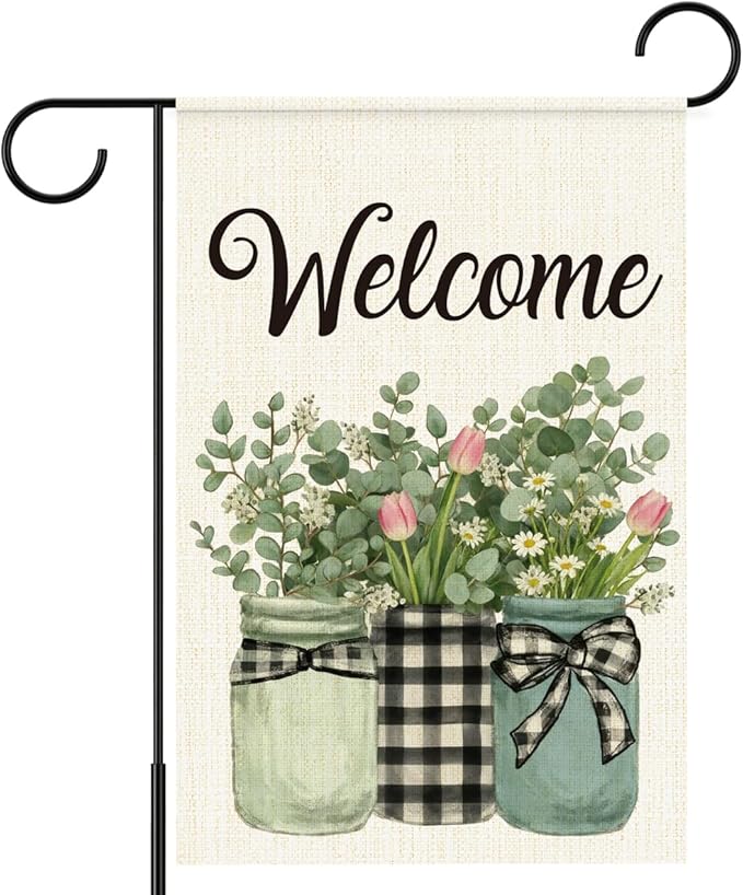 Welcome Flags for Outside,Spring Eucalyptus Buffalo Plaid Garden Flag for Yard Patio Lawn Decoration,12x18 Inch Double Sided