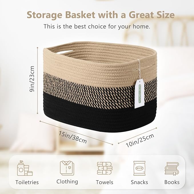 ECDYQXVU 15x10x9 Inch Woven Cotton Rope Storage Basket, 2 Pack | Foldable Design, Built-in Handles, Space-saving Organizer for Living Room, Bedroom, Laundry, Shelves, Clothes, Towels