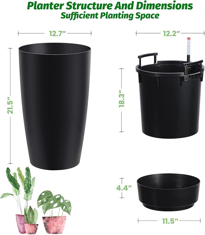 22" Tall Round Planter Set of 2, Self Watering Pots, Large Planter for Indoor Outdoor Plants, Built-in Drainage and a Water Level Monitor, for Patio, Porch, Living Room, or Home Office, Black
