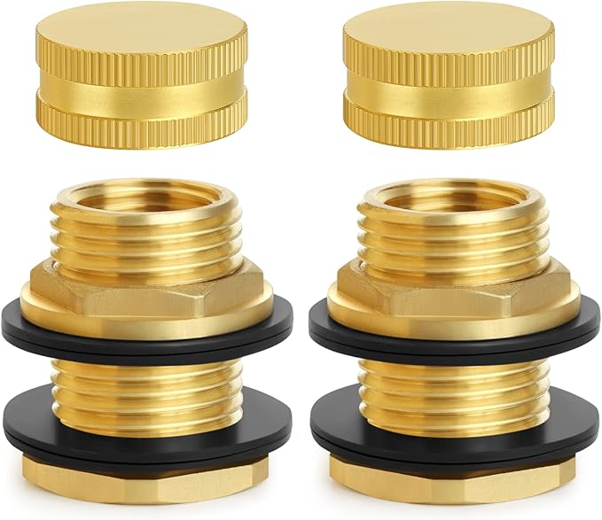 Ceaeso Brass Male Garden Hose Bulkhead Fitting With Plug, 1/2" Female NPT, 3/4" Male GHT (garden Hose Thread), Brass Tank Connector/drain/flush Port Kit For Rain Barrels, Aquariums, Sinks，2 Pack
