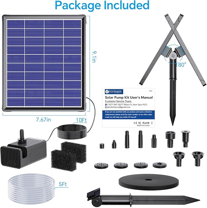 Antfraer Solar Fountain Pump 7W, Solar Water fountain for Bird Bath with Dry-Run Protection, Double-Layer Nozzles & 5Ft PVC Tubing for Bird Bath Small Pond Waterfall DIY Features