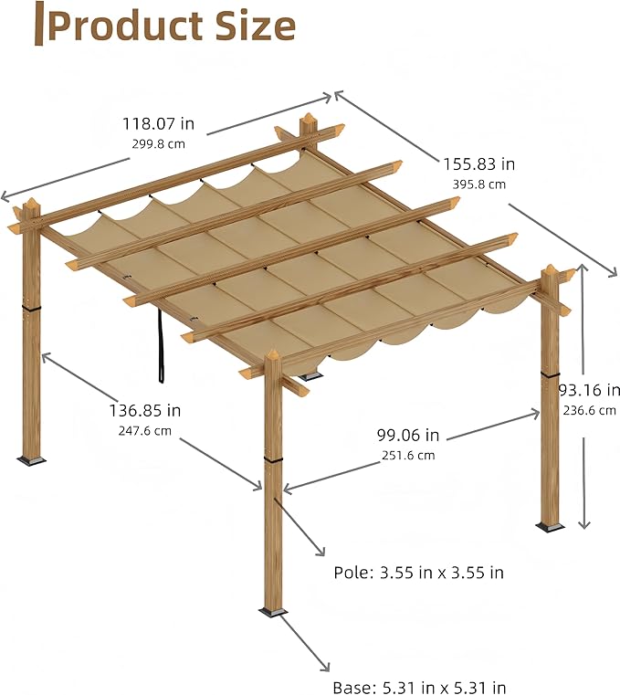 10' X 13' Outdoor Pergola with Retractable Canopy Aluminum Pergola Faux Wood Metal Pergolas Gazebo for Backyard, Deck, Patio, Garden Porch Beach Sun Shade Pavilion Grape Trellis Grill, Khaki