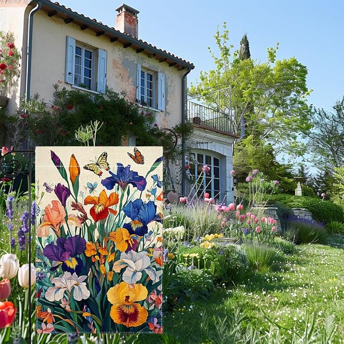 Iris Garden Flag 12x18 Double Sided, Spring Floral Welcome Yard Decor, Farmhouse Outdoor Flag for Lawn Patio Porch