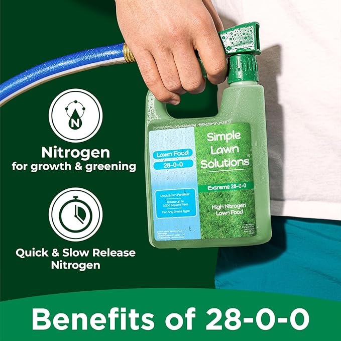 Maximum Green & Growth Fertilizer High Nitrogen 28-0-0 Liquid Lawn Food Spray Spring & Summer- Any Grass Type- Simple Lawn Solutions - Concentrated Quick & Slow Release Attached Sprayer (32 Ounce)