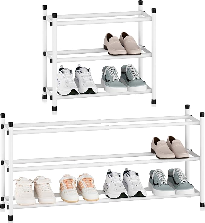 STORAGE MANIAC Expandable Shoe Rack, 12 Pairs Stackable Small Shoe Rack, Metal Adjustable Shoes Organizer for Closet, Entryway, Hallway, Garage, Front Door, Shoes Shelves, White 3 Tier