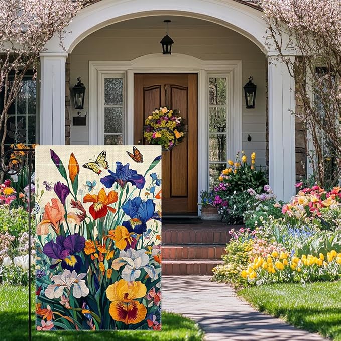 Iris Garden Flag 12x18 Double Sided, Spring Floral Welcome Yard Decor, Farmhouse Outdoor Flag for Lawn Patio Porch