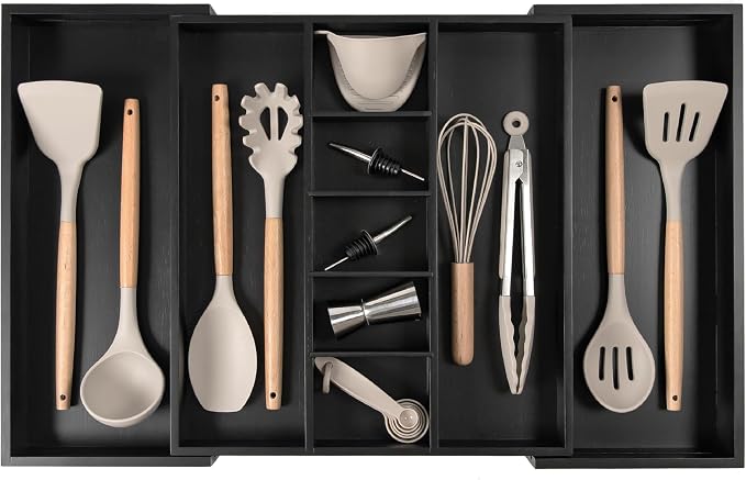 KitchenEdge Utensil & Junk Drawer Organizer, 16-28 in, Black Bamboo