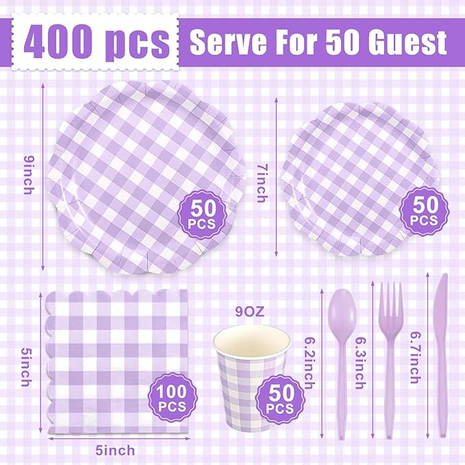 Funnymoom 400 Pcs Gingham Party Supplies for 50 Guests Purple and White Paper Plates and Napkins Knives Spoons Forks Cups Disposable Checkered Dinner Party Set Cutlery for Baby Shower Wedding Favor