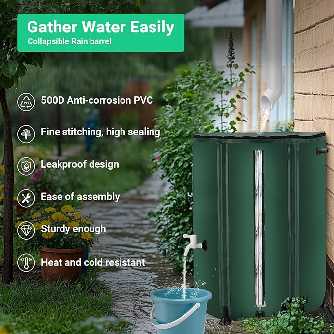 FAMIROSA 50 Gallon / 200L Rain Barrel, Collapsible Rain Barrels to Collect Rainwater from Gutter with Spigots and Overflow, 500D PVC Portable Rain Water Collection Catching System, Water Catcher Tank