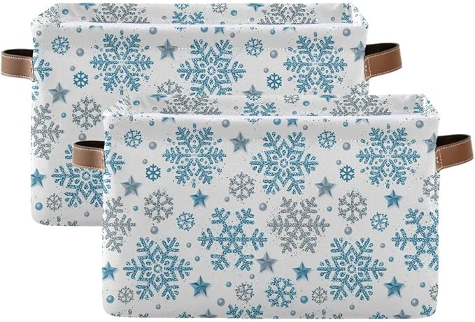 Wamika Winter Snowflake Blue Sliver Storage Basket Fabric Laundry Baskets Christmas Bells Xmas Snowman Boxes Organizer Bag for Baby Cloth Dog Toy Book Cubes Shelf Closet Bins 16×12×8 Inches