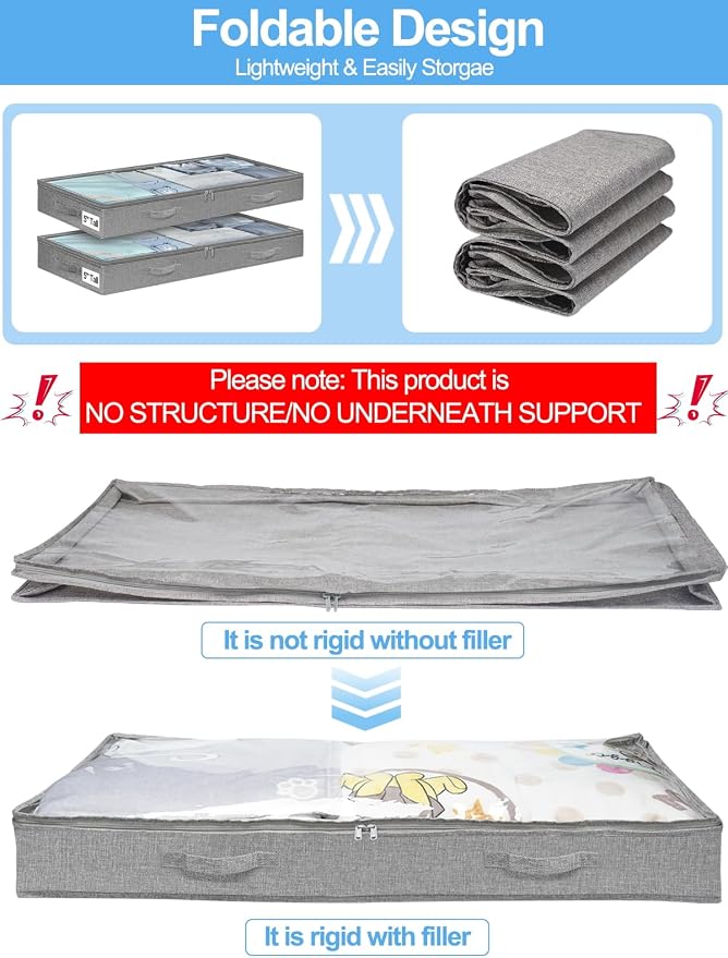 punemi 5 inch High Soft Fabric Low Profile Under Bed Storage, 2 Pack, Grey
