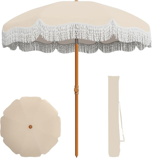AreShark 7ft Patio Umbrella with Fringe, UPF50+ Beach Umbrella for Table, Pool & Garden, Portable Outdoor Tassels Umbrella w/Fiberglass Ribs&Push Bottom Tilt(Ivory)