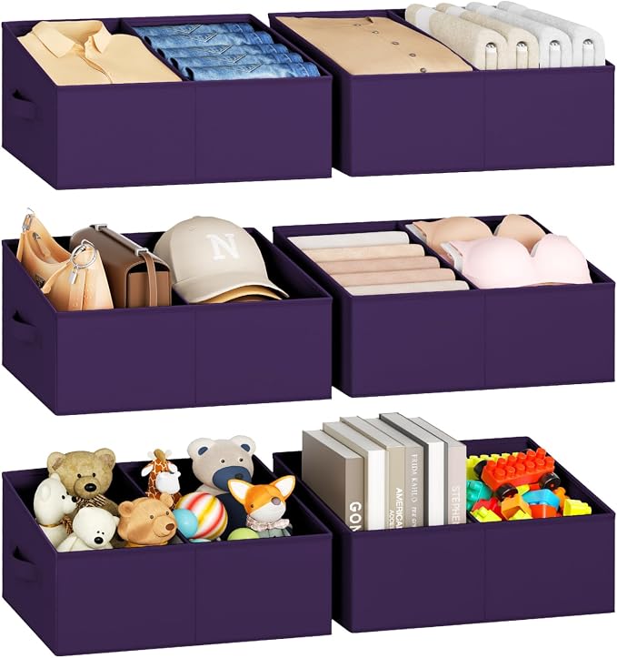 DIMJ Large Closet Shelf Organizer Bins 6 Packs with Handles and Divider, Fabric Trapezoid Storage Baskets, Foldable Clothes Containers Box for Shelf, Towel, Book, Toy, Purse, Hats, Purple