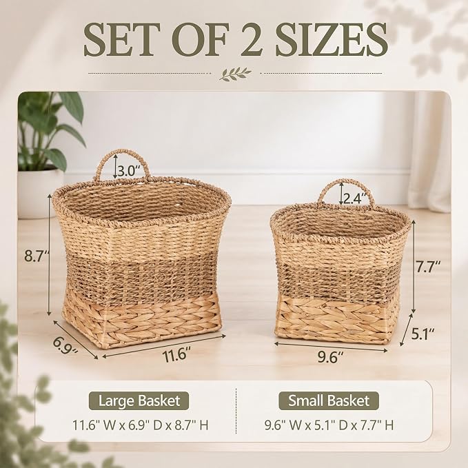 Set of 2 Handwoven Wicker Hanging Basket, Boho Style Layered Weave Hanging Wall Basket Decor, Natural Water Hyacinth Wall Mounted Storage for Farmhouse, Door, Entryway, Flower, Mail, Plant