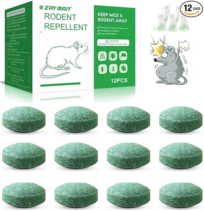 12PCS Mouse Rodent Repellent, Natural Mouse Repellent Peppermint Oil for Mice, Rats, Squirrels, Spiders and Pests, Keeps Pests Away Effectively from Garden & Home, Indoor & Outdoor Use