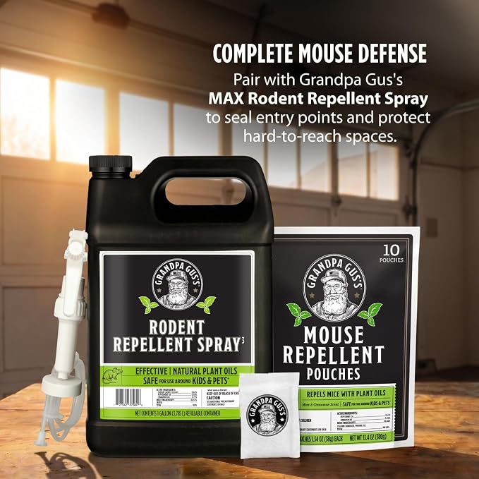 Grandpa Gus's Rodent Repellent Spray, Natural Peppermint Oil, 128 Fl Oz | Peppermint & Cinnamon Oil Deterrent Spray for Rodents & Mice, Non-Staining Formula, for Cars, RVs & Garages, Kid & Pet Safe
