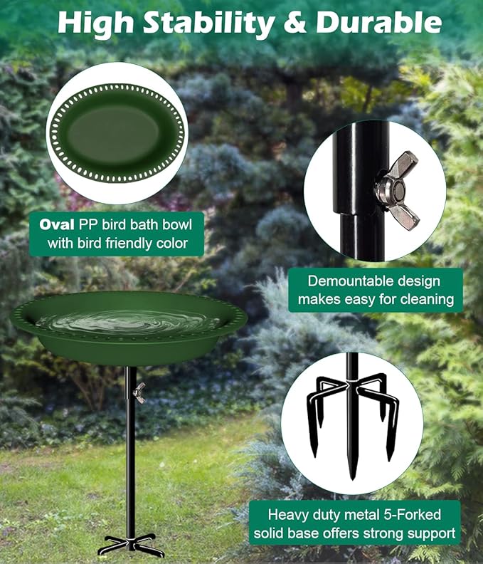 29 Inch Height Oval Shape Bird Bath for Outdoors, Detachable 5-Prong Birdbath Bowl Spa & Birdfeeder with Metal Stake Stand for Outside Garden, Green