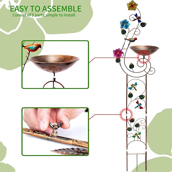 YYWMWM 57" Height Metal Bird Bath with Trellis for Outdoor, Vintage Decorative Bird Baths, Small Garden Plant Support, Antique BirdBath for Climbing Plants with Detachable Iron Bowl (Dragonfly)