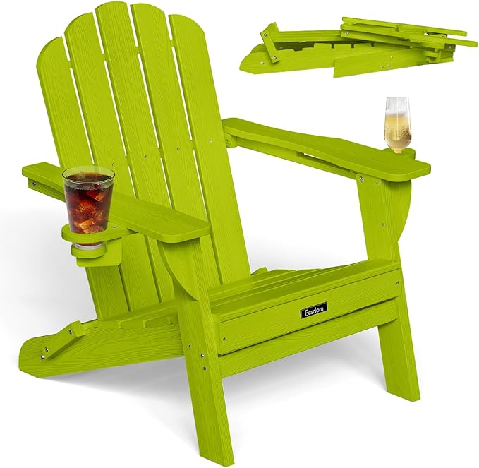 Adirondack Chair, HDPE Material Fire Pit Chairs, Plastic Adirondack Chairs with 2 Cup Holder, Outdoor Lawn Chair for Patio Garden, Lemon Green