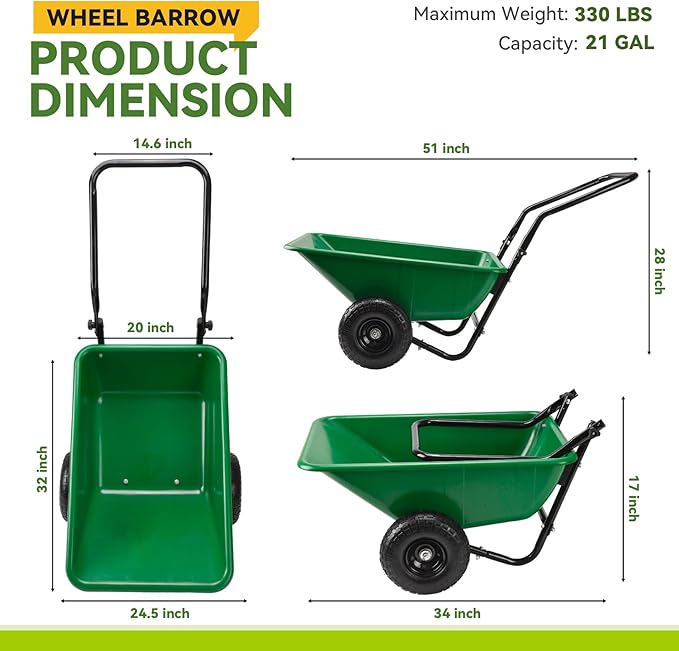 Foldable Handle 2 Wheel Garden Cart with 10" Pneumatic Tires-Heavy Duty Yard Wagon for Soil,Mulch,Plants,Easy Storage,High Stability&Quick Assembly(Green)