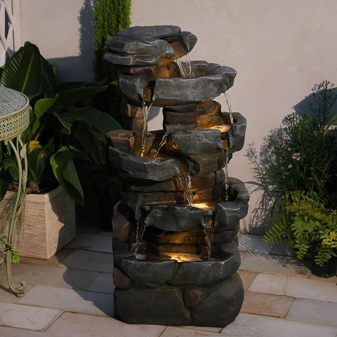 Sunlinua 42" H Outdoor Water Fountain with 5 Tiers Large Cascading Realistic Tree Trunk Waterfall Fountains with LED Lights Outdoor Water Fountain for Garden Patio Backyard Porch Home Decor