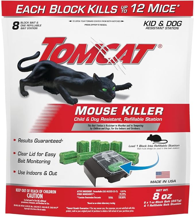 Tomcat Mouse Killer, Child & Dog Resistant, Refillable Station and 8 Baits | Weather-Resistant Indoor/Outdoor Bait Station with Clear Monitoring Lid, 1 Station and 8 Bait Blocks