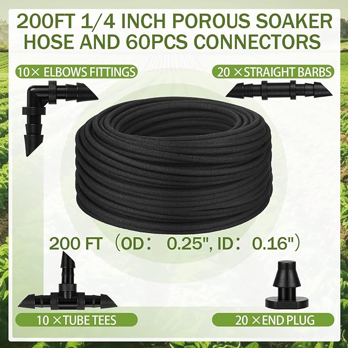 1/4 Inch Soaker Hose Irrigation Hose Drip Hose for Garden Heavy Duty Drip Irrigation Tubing with Hose Connector Set or Watering Planters Flower Vegetable Lawn Yard Landscaping, Black (200 ft)