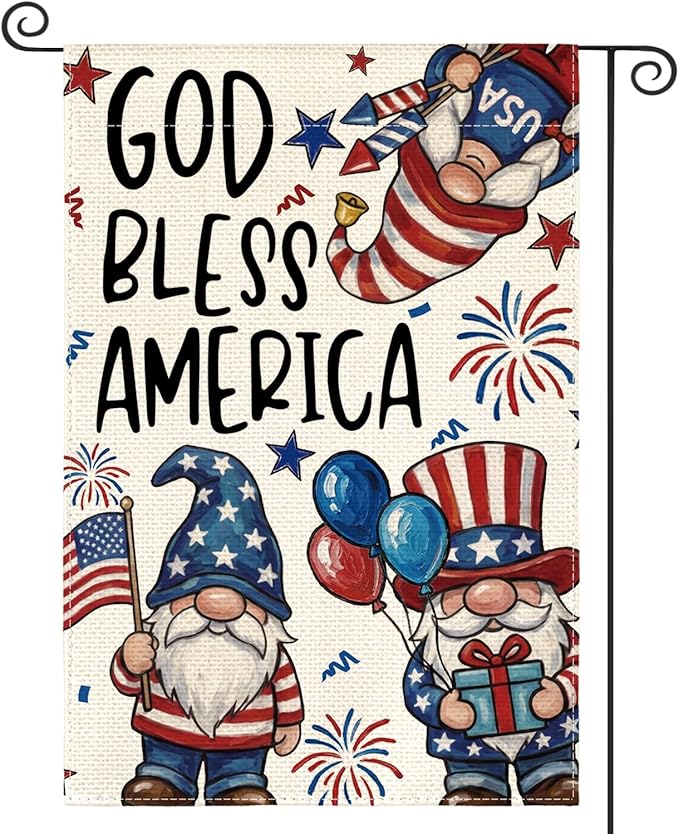 AVOIN colorlife God Bless America Patriotic 4th of July Garden Flag 12x18 Inch Double Sided Outside, American Stars and Stripes Gnomes Yard Outdoor Decoration