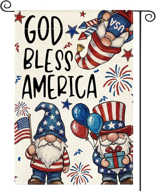 AVOIN colorlife God Bless America Patriotic 4th of July Garden Flag 12x18 Inch Double Sided Outside, American Stars and Stripes Gnomes Yard Outdoor Decoration