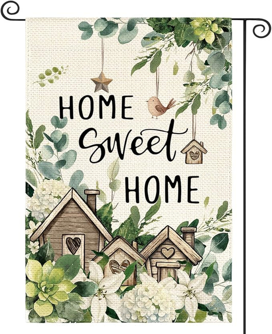 AVOIN colorlife Home Sweet Home Birdhouse Spring Floral Garden Flag 12x18 Inch Double Sided Outside, Eucalyptus Flowers Seasonal Yard Outdoor Flag
