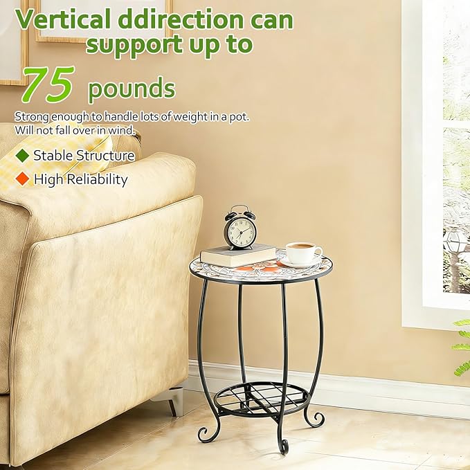 Arbuxzuy 12 Inch Small Outdoor Side Table with Colorful Flowers, Glass Mosaic Patio Table Indoor, Round Plant Coffee Table for Living Room, Balcony, Garden（Pink Flowers Style）