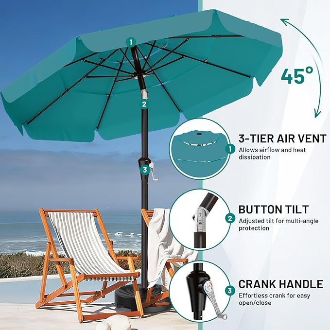AreShark 9FT 3-Tiers Patio Umbrella with Valance, Outdoor Umbrellas with Crank/Tilt, Table Market Umbrella Vented w/ 8 Sturdy Ribs for Garden, Deck, Backyard, and Pool, Lake Blue