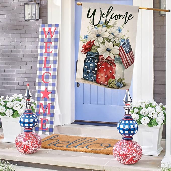 4th of July Floral House Flag 28 x 40 Vertical Double Sided Patriotic Mason Jar Flowers Red Blue Memorial Day Independence Day Holiday Outside Decorations Burlap Yard Flag BW321-40