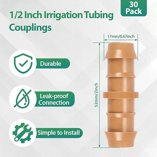 RedChili 30 Pcs 1/2 Inch Irrigation Tubing Coupling Fittings, 1/2" Drip Irrigation Barbed Coupler Connectors Fits 5/8", 1/2", .700" Drip Tubing for Garden Lawn Irrigation System