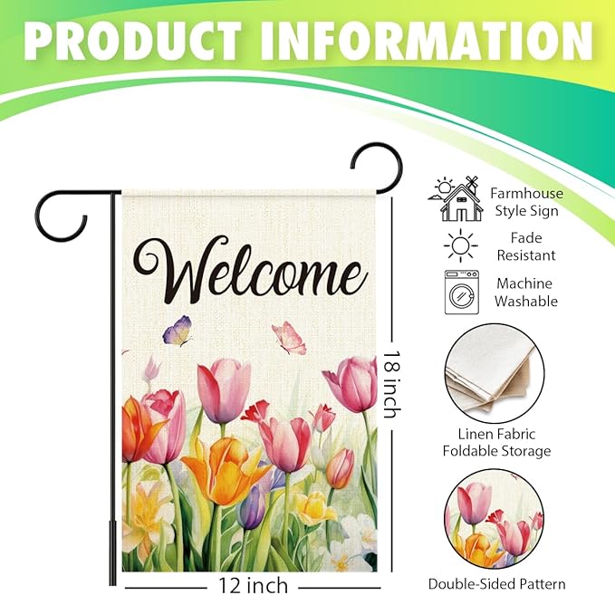 Welcome Flags for Outside,Spring Tulips Garden Flag for Yard Patio Lawn Decoration,12x18 Inch Double Sided
