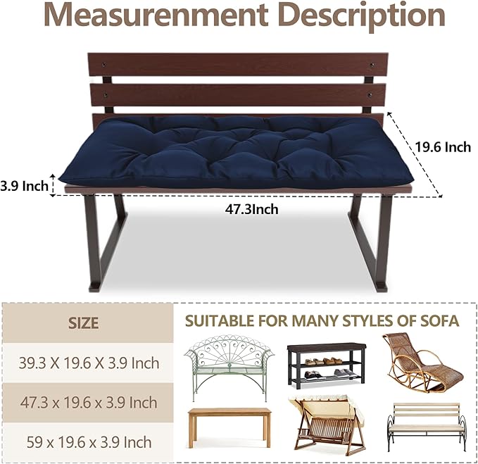 Yddsky 47.3 in Waterproof Indoor/Outdoor Garden Bench Seat Cushions，Thicken Patio Bench Soft Rocking Chairs Pad Lounger Seat for Wicker Loveseat Settee（47.3 X 19.6 in，Navy）