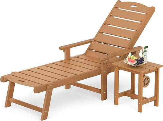 LUE BONA Chaise Lounge Chair with Table, 2-Piece, HDPS Chaise Lounger, 5 Positions Adjustable Lounge Chairs, Pool Lounge Chair with Wheels for Poolside, Backyard, Teak Color