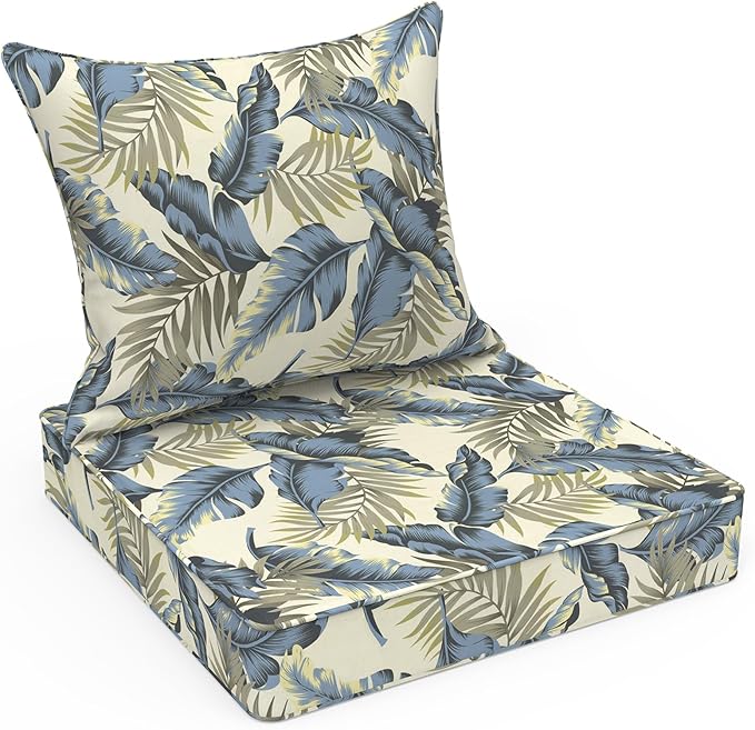 LVTXIII Outdoor Deep Seat Cushion Patio Seat and Back Cushion Set Seasonal Chair Cushion for Dining Arm Chairs, Wicker Chairs and Garden Furniture Decoration, 24"x24"x4", Lush Palm Blue