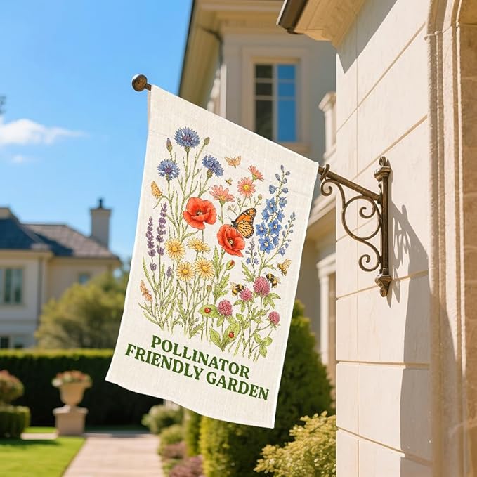 Pollinator Friendly Garden Flags for Outside, Spring Pollinator Garden Flag, Butterfly Floral House Banner for Nature Lover, Flower Yard Sign Front Porch Decor, Housewarming Gifts for Family