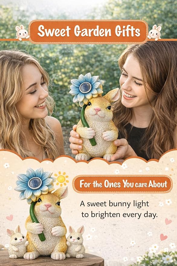 GoGnome Solar Rabbit Garden Statue with LED Flower – Hand-Painted Resin Bunny Figurine, Outdoor Solar Light Decor for Yard, Patio, Porch, Lawn (Rabbit)