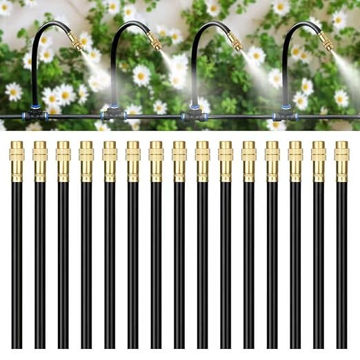 Brass Misting Nozzles for 5/16 Inch Drip Irrigation Tubing, 360° Adjustable Rotating Sprayers for Garden, Greenhouse & Outdoor Cooling, 15 Pack