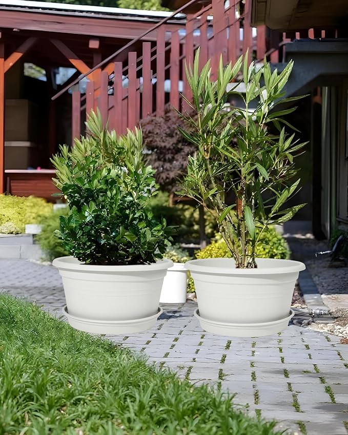 VIDELLY 13 Inch Large Flower Pots 2-Pack, Beige Plastic Planters with Drainage Hole & Tray, Indoor Outdoor Modern Plant Pots for House Plants, Garden, Patio, Office Home Decor