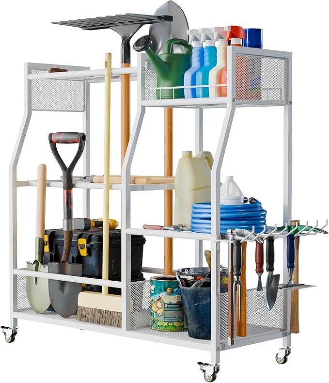 HOTEAGLE Yard Tool Organizer for Garage 35.4" Width High Stability Outdoor Metal Utility Rolling Cart with Mute Wheels, 18.5mm Thick Rods Ideal Garden Tool Rack, Easy to Clean,White