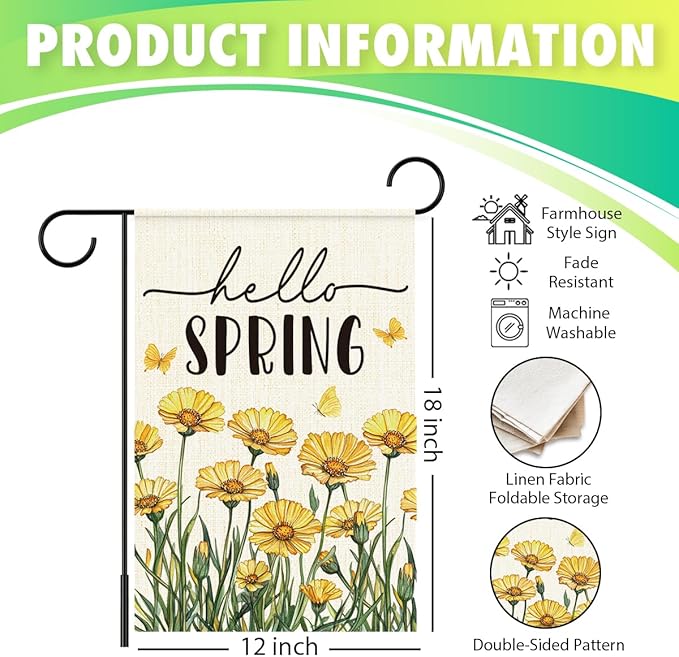 Hello Spring Flags for Outside,Yellow Daisy Garden Flag for Yard Patio Lawn Decoration,12x18 Inch Double Sided