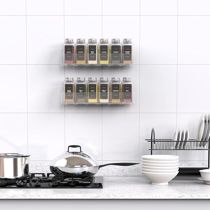PMMASTO 2-Pack Clear Acrylic Self-Adhesive Spice Racks with 12 Empty Jars | Self-adhesive or Screw Mounting, 238 Spice Labels, Chalk Marker and Funnel, for Kitchen,Pantry Door And Bathroom Storage