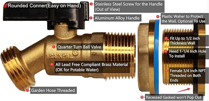RBS022 Brass Rain Barrel Spigot(3/4" Quarter Turn Ball Valve w/ Bulkhead Fitting and Thread Tape)